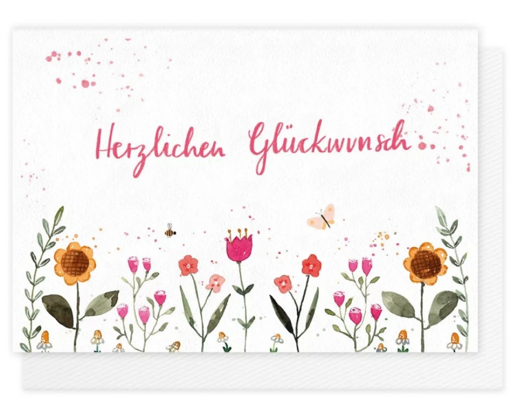 Alles Gute Karte mit Blumenwiese und Goldprägung – Klappkarte "Herzlichen Glückwunsch" vom Grätz Verlag hier bestellen