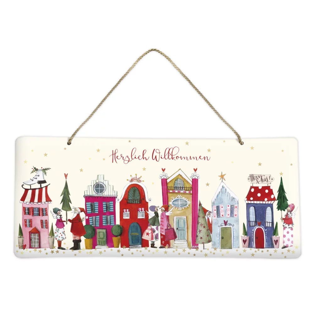 Weihnachtliches Blechschild Häuser "Herzlich Willkommen" - Illustriert von Silke Leffler