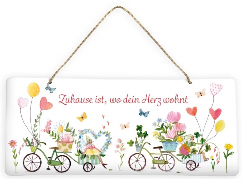 Blechschild Zuhause ist, wo dein Herz wohnt mit Blumenrädern und Herzballons als Wanddeko jetzt hier bestellen