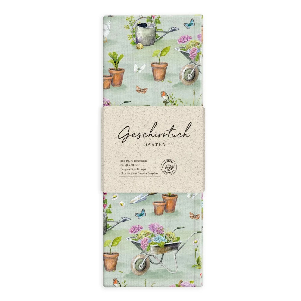 Geschirrtücher mit Motiv "Garten" aus dem Grätz Verlag mit zarten Hortensien und liebevollen Gartendetails auf Bio-Baumwolle hier bestellen