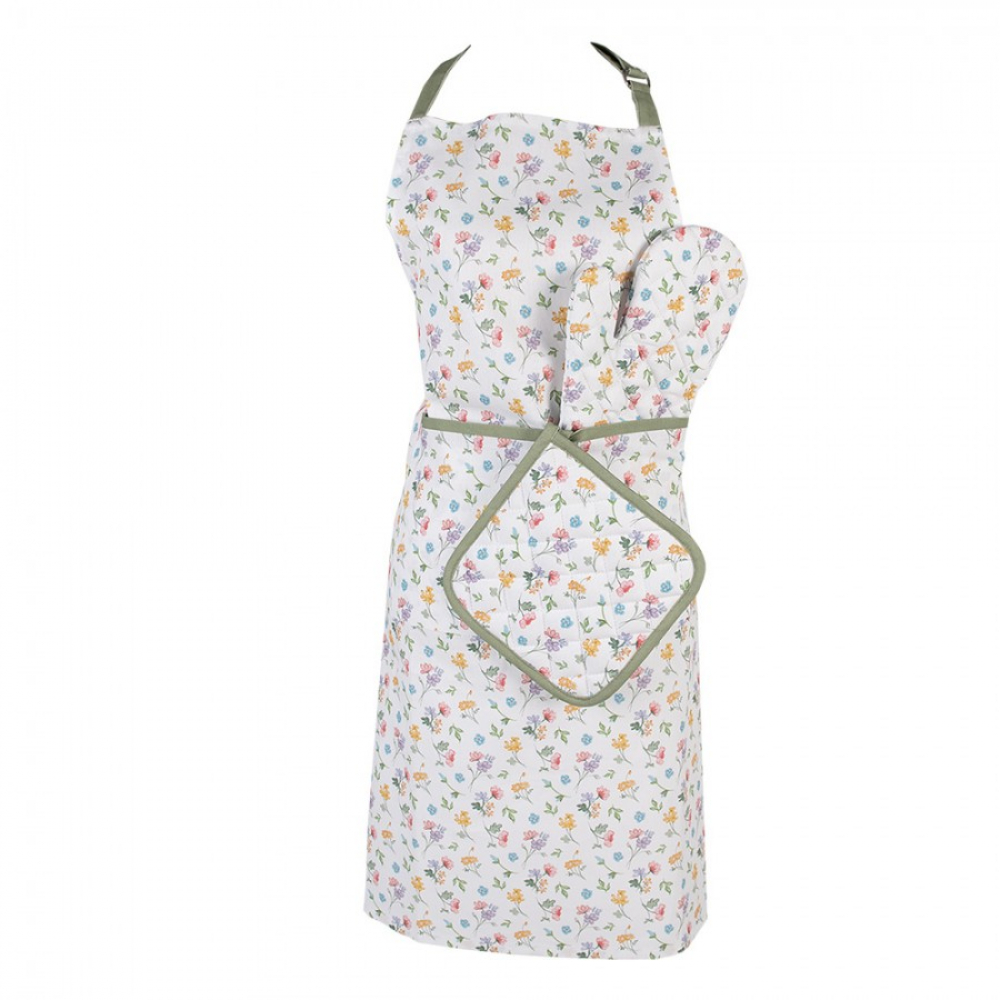 Küchenschürze Weiß Grün Baumwolle Blumen