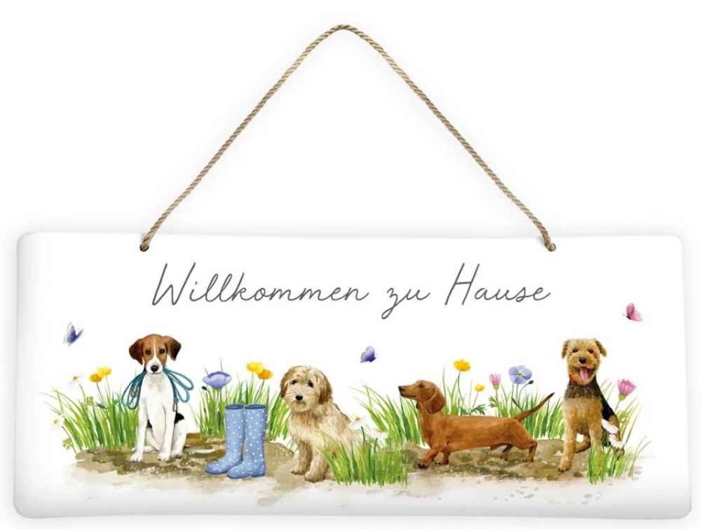 Willkommen zu Hause Schild mit Hundemotiv aus Blech – Serie Hundespaß hier bestellen