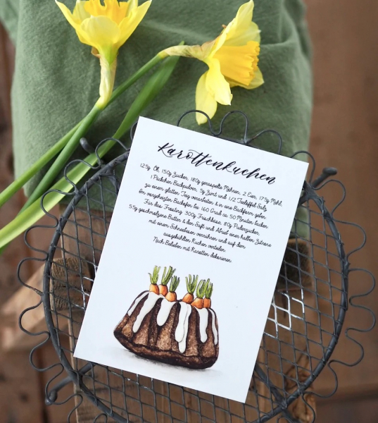 Ostern-Karte Aquarell mit Rezept für Karottenkuchen