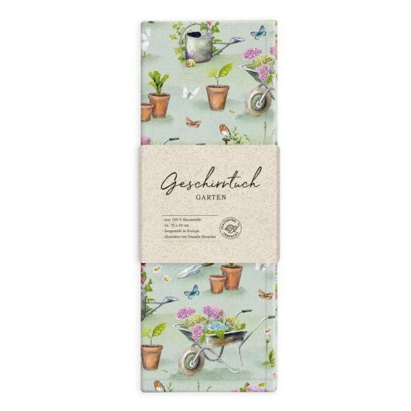 Geschirrtücher mit Motiv "Garten" aus dem Grätz Verlag mit zarten Hortensien und liebevollen Gartendetails auf Bio-Baumwolle hier bestellen