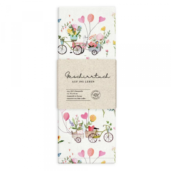 Detailverliebtes Grätz-Geschirrtuch „Auf ins Glück“ mit Blumenmotiv hier im Shop bestellen