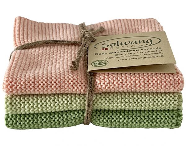 3 Stück gestrickte BIO Wischtücher in staubigem Grün und Puder Kombi von Solwang Design