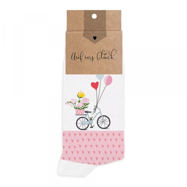 Lieblingssocken „Auf ins Glück“ mit Fahrrad-Motiv und Blumen von Grätz Verlag hier bestellen