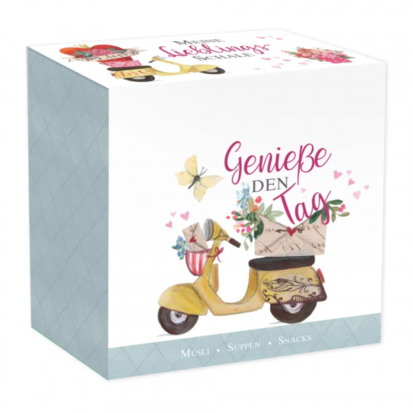 Geschenkverpackung zur Müslischale Motiv "Das Leben ist ein Reise" Grätz Verlag – mit Aufschrift "Genieße den Tag"