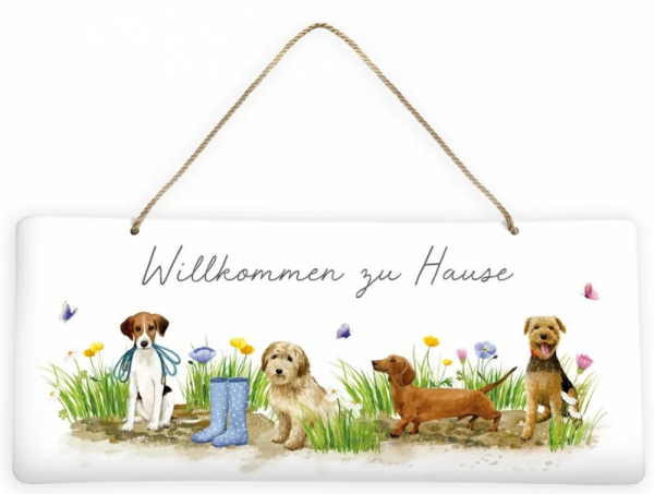 Willkommen zu Hause Schild mit Hundemotiv aus Blech – Serie Hundespaß hier bestellen