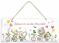Blechschild Zuhause ist, wo dein Herz wohnt mit Blumenrädern und Herzballons als Wanddeko jetzt hier bestellen