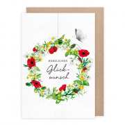 Klappkarte Herzlichen Glückwunsch mit Erdbeeren, Sommerblumen und Schmetterling – liebevoll illustriert von Daniela Drescher hier bestellen