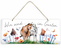 Wir sind im Garten Schild aus Blech mit Eseln & Hühnern – liebevolle Gartendeko von Grätz Verlag hier bestellen